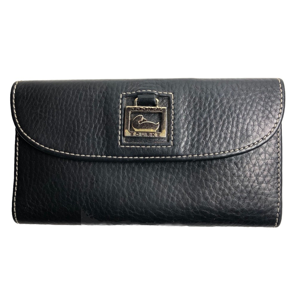 Dooney & Bourke Dillen Black Pebbled Grain Leather Clutch Trifold Wallet‎
